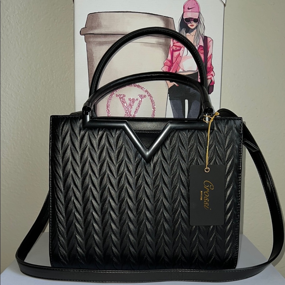 Black Leather Quilted Satchel